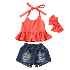 3Pcs/Set Toddler Baby Girl Ruffled Halter Crop Top + Hole Denim Shorts + Headband Summer Outfits Clothes (Orange red, 4-5 Years)