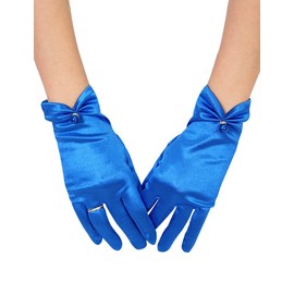 QRBTSCL Women's Short Satin Gloves for Wedding Wrist Short Evening Party Dressy Bridal satin Tulle Gloves with Pearl Royal Blue