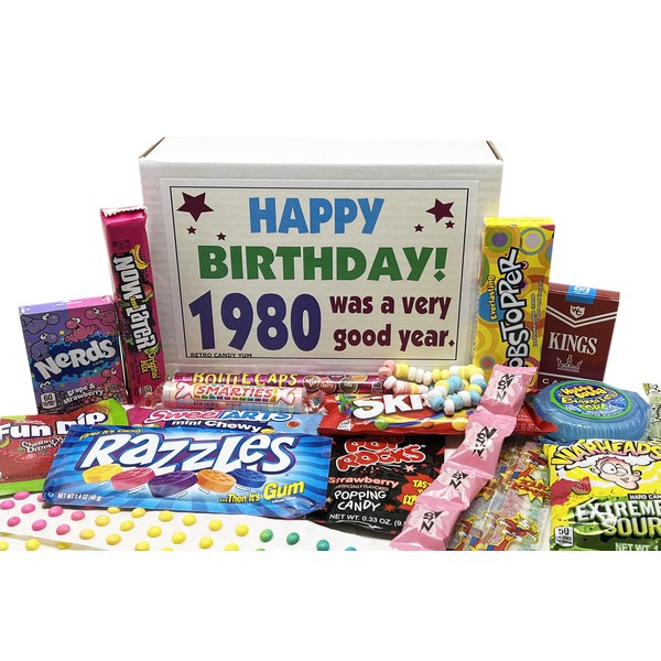 RETRO CANDY YUM ~ 1980 43rd Birthday Ideas ~ Retro Decade 80s Candy Gag Gift Basket Box Assortment From Childhood ~ Milestone Birthday Gifts for Turning 43 Years Old Man or Woman Jr.