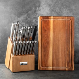 Kitchen Knives Set with Block and Wood Cutting Board, BILL.F 18 Pcs Set Of Knives for Kitchen with Block and Sharpener, Stainless Steel Knife Set with Scissors Chef Knife Professional