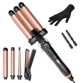 Kinked Curling Iron Set-5 in 1 Curling Wand Set with Hair Straightener, 3 Barrels Hair Crimper, 3 Curling Irons (0.35 "-1.25"), 2 Temps Fast Heat Hair Waver Curler with Clips & Glove-Pale Pink Gold