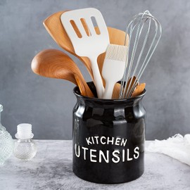 Karisky Karisky Kitchen Utensil Holder, Large Farmhouse Utensil Holder for Countertop, Decorative Ceramic Cooking Utensil Crock Holder for Kitchen Counter, 14 x 16 cm, Black