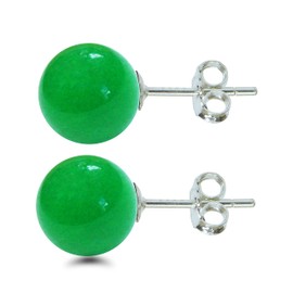 Pair of Solid Sterling Silver 8mm Natural Malay Jade Gemstone Ball Stud Earrings Studs With Butterfly Backs 925