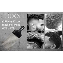 Luxxii (2 Pack) 8" Long Black Fist Metal Afro Pick Lift Hair Comb Detangle Wi...