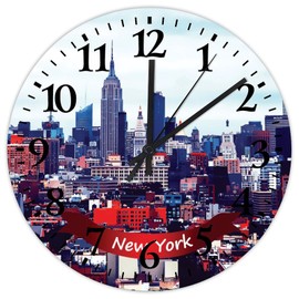 Wooden Wall Clock Silent Non-Ticking Large Numbers Battery Operated New York City Landscape Decorative Wood Clocks Global Travel Aesthetic Landmarks Wall Decor for New Home School Church 10 Inch