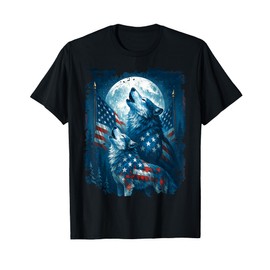 4th of July American Flag Wolf Howling Moon Wolves July 4th T-Shirt