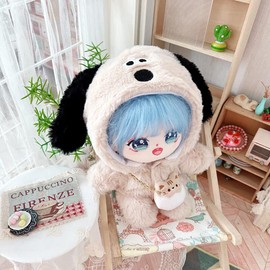 niannyyhouse 20cm Plush Doll Clothes Dog Pattern Onesie Dress Up 8in Kpop Stuffed Doll Clothing (Beige)