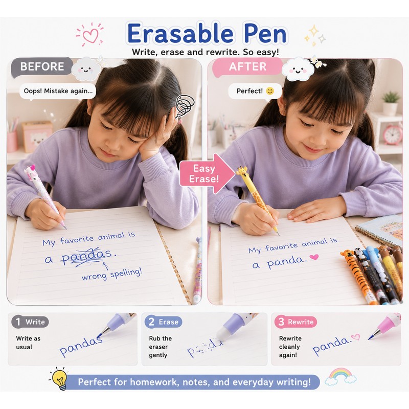 11 Pieces Cute Animal Erasable Gel Pen for School Writing