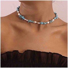 Cimenexe Bohemian Blue Turquoise Choker Necklace Pearl Chain Clavicle Necklace Short Turquoise Stone Necklace Chain Blue Beaded Choker Necklace Jewelry for Women and Girls