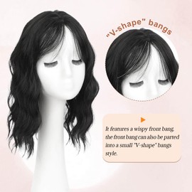 Hair Topper,Wavy Hair Toppers for Women 14inch Natural Looking Hairpiece with Wispy Bangs, Volume Booster Wiglet for Full Coverage, Quick Styling for Party/Date Night/Social/Content Creators