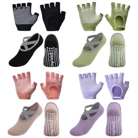 ZZBIQS 8 Pairs Yoga Grip Gloves and Socks, Non Slip Yoga Pilates Socks Gloves for Women Ladies with Grips & Straps, Ideal for Ballet Pilates Hospital Home Barre Workout