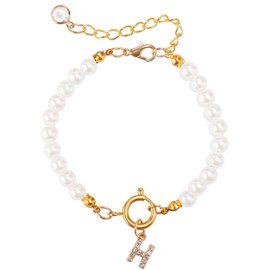 Mikovivi Initial Pearl Bracelets, Fashion Gold Alphabet Pearl Bracelet Dainty Rhinestones Letter Bracelet for Women Letter Pearl Jewelry Gift for Women (Letter H)
