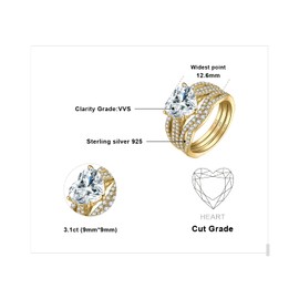 JewelryPalace Love Heart 3ct Cubic Zirconia Solitaire Engagement Rings for Women, 925 Sterling Silver Yellow Gold Promise Ring for her, Simulated Diamond Twisted Wedding Band Enhancer Bridal Sets 9