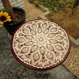 Tablecloth, Round Table Runner, Antique Style, Round Table Cover, Scandinavian Pastoral Style, Floral Pattern, Handmade, Openwork Knitting, Fashionable, Tablecloth, Doily, Circle, Beige, Diameter 23.6