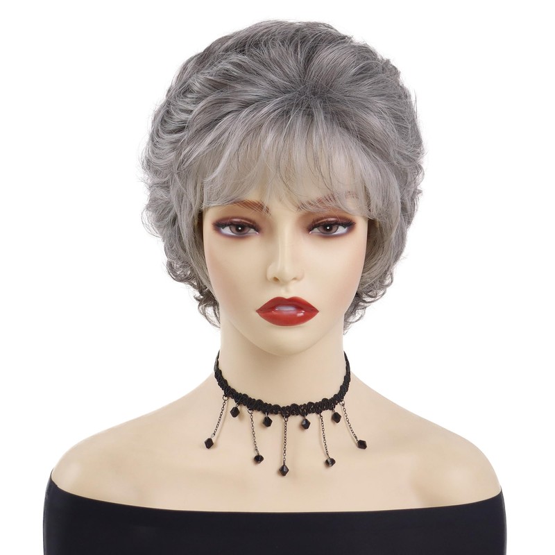 GNIMEGIL Short Grey Elderly Wigs Curly Wigs for White Women