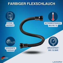 LAXARA DVGW Premium Coloured Flex Hose Black and White 3/8 Inch to 1/2 Inch Nut on Both Sides in Selectable Styles (3/8 Inch Black Steel 50 cm)