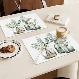 Botanical Plant Placemats Set of 4, 12x18 Inch Summer Leaf Eucalyptus Table Place Mat Spring Washable Non-Slip Heat Resistant Fabric Placement Mats for Dining Kitchen Indoor Outdoor Decor
