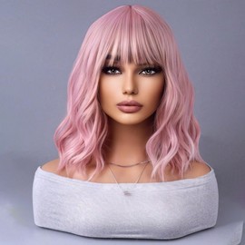 WTHCOS Short Pink Wig with Bangs Pink Wig for Women Short Curly Wave wig Synthetic Shoulder Length Bob Cosplay Colored Wig