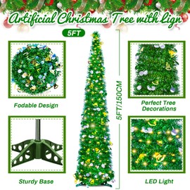 Pop Up Christmas Tree with Lights, 5Ft Collapsible Tinsel Pencil Xmas Tree for Home Office Fireplace Holiday Party Indoor Decorations (Green)