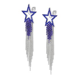 EVER FAITH Star Tassel Clip-on Earrings for Women, Rhinestone Long Waterfall Beaded Dangle Statement Earring Wedding Party Jewelry Hypoallergenic Safe for Sensitive Ears Navy Blue Silver-Tone