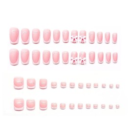 48Pcs White French Tip Press on Nails with Bow Charms & Press on Toenails Set Square Nail Press ons with 3D Charms Designs Pink Fake Nails Acrylic Nails Stick on Nails for Women Nail Decorations