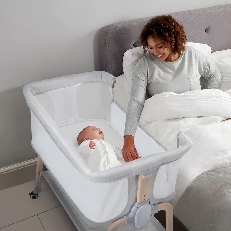 Cowiewie Bassinet Bedside Sleeper, Breathable Baby Bedside Bassinet and Mattress,