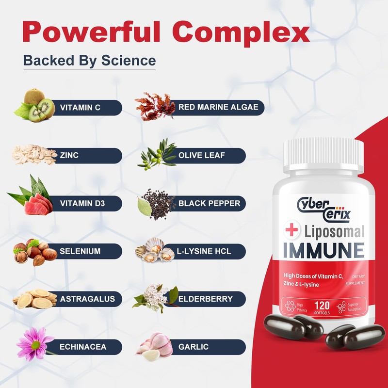 CyberCerix Advanced Liposomal Immune Supplement, Complex with L-Lysine 1,500mg, Vitamins,