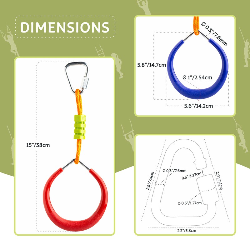 Ninja Slackline Accessories – Multicolor Gymnastic Rings Set of 2