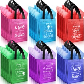 Ribbonlic 24 Pcs Christian Gift Bags with Tissue Paper Reusable Bible Verse Tote Religious Welcome Bags for Church Visitors Inspirational Gift Wrap with Handle for Baptism Sunday School(6 Colors)