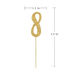 Gold Happy 8th Birthday Cupcake Topper, 24-Pack Number 8 Glitter Birthday Party Cupcake Toppers, Decorations