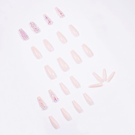 JUSTUSNX 24pcs Coffin French Fake Nails Pink Nude False Nails Crystal Long Press on Nails for Women and Girls (B)