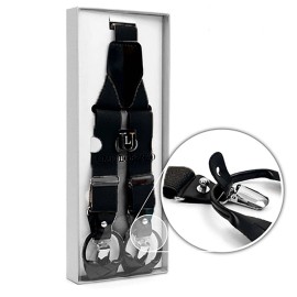 Unbranded Convertible Button or Clip-On Suspenders with Leather Trim (Black)
