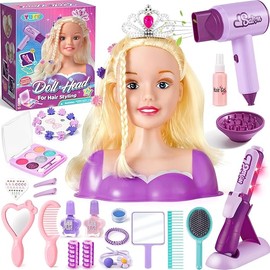 Hair Styling Doll Head Makeup Kit for Girls Toys, Hair Salon Toys & Real Makeup Nail Polish, Kid Beauty Hair Stylist with Hairdryer Curling Iron, Birthday Gift for Girl 3 4 5 6 7 8+ Year Old Toy