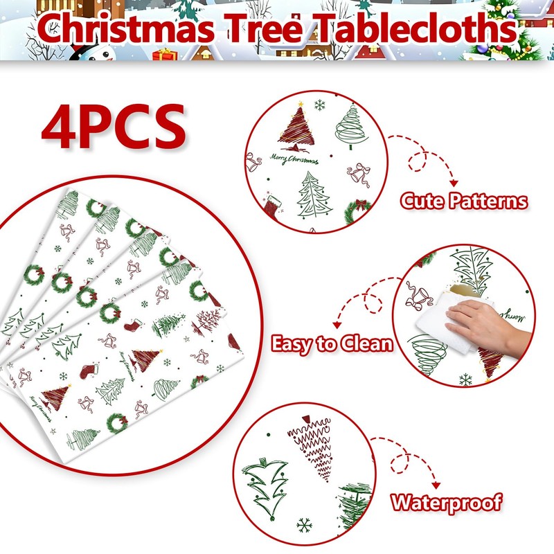 4 Pcs Christmas Tablecloths, Xmas Tree Table Cloths Winter Decorations