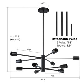 RUIYEY Modern Sputnik Chandeliers Light, 10-Light Black Chandeliers for Dining Room, E26 Height Adjustable Chandelier Ceiling Lighting Fixture for Farmhouse Kitchen Island Living Room Foyer