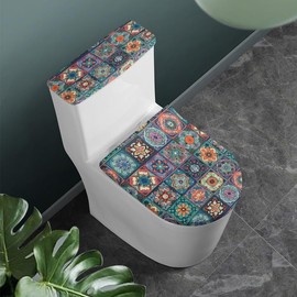 Garronmavis Moroccan Tiles 2 Pack Novelty Toilet Lid Cover Set Flower Morocco Tile Standard Toilet Seat Lid Covers Modern Art Travel-Friendly Toilet Tank Cover