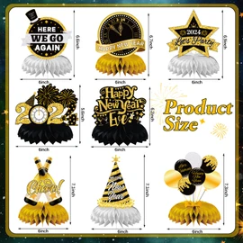 JULMELON Happy New Year Decorations 2024, 8 PCS New Years Honeycomb Centerpieces Table Decorations Black and Gold Table Toppers Decor for New Year Eve Party Supplies Favors