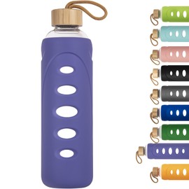 Ferexer Sport 32oz Glass Water Bottle 1000ml /1 liter Borosilicate Glass Water Bottle Reusable Waterbottle Jugwith Silicone Sleeve and Unique Lid (Purple