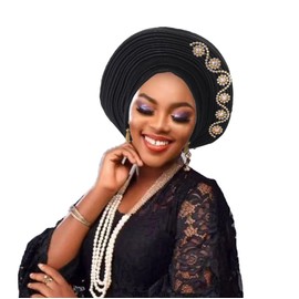 Generic Elegant African Auto Gele Women's Turban Cap Nigeria Wedding Aso Oke Gele Ready to Wear Sego Headtie with Diamonds Party Headwear (One Size,Black)