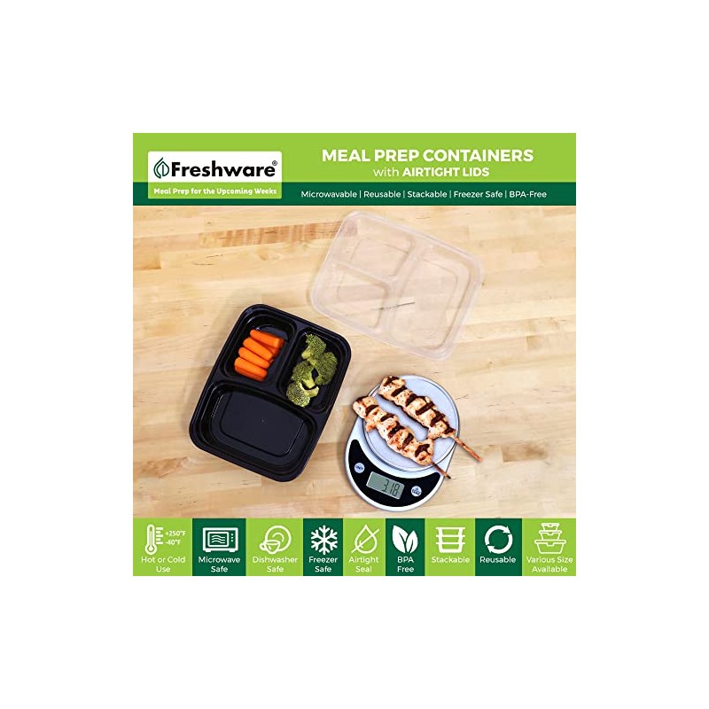 Freshware Contenedor de alimentos de 3 compartimientos - paquete de