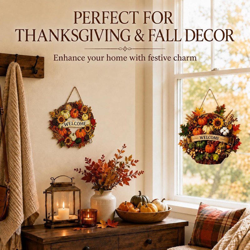 2-Piece Fall Door Decor Set, Welcome Wreath and Harvest Basket