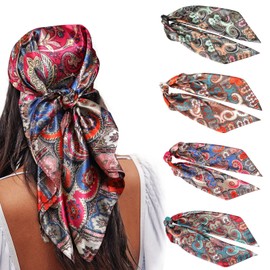 AWAYTR 35” Satin Large Square Head Scarves - 4PCS Silk Like Neck Scarf Hair Sleeping Wraps Lightweight Satin Silk Scarfs Cashew (Pink+Orange+Blue+Black)
