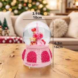 Snow Globe, 100mm Pink Resin Bear Sit Back The Flower Tower Music Box Automatic Falling Snow Water Ball for Home Decor Gifts