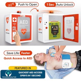 ResQRed AED Defibrillator Wall Mounted Cabinet with Metal AED Projecting Sign, Steel Storage Cabinet with Quick Accessible Door, Alarm System, Fits All Brands AED Defibrillator, for Office, Hospital