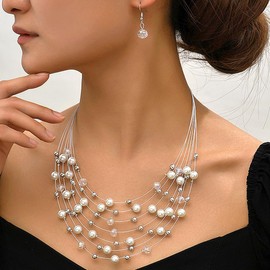 GIGB PBDK Layered Colorful Pearls Necklace Earring Set Boho Multi-Strand Beaded Necklace Earring Dainty Ethnic Style Jewelry Accessory Gift for Women (White)