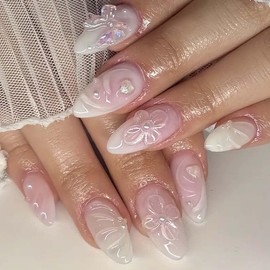 3D Floral Press on Nails Medium Almond Fake Nails - White False Nails Press ons with Petal,Bow,Pearl Design Reusable Acrylic Nails Glossy Full Cover Artificial Stick on Nails for Women Manicure 24 Pcs