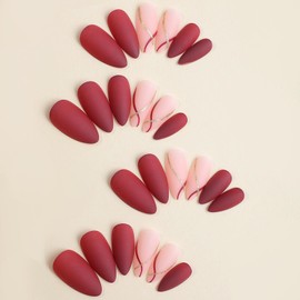 24 Pcs Short Almond Press on Nails, ASONRL Solid Burgundy Medium Fake Nails with Gold Glitter Stripe - Nail Glue Mini Nail File Kit Reusable Acrylic False Nails for Women, Almond Red Gold Stripe