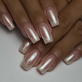 SWEKKE Medium Square French Tip White Flash Full Cover False Nails - 24Pcs with Glossy Glue