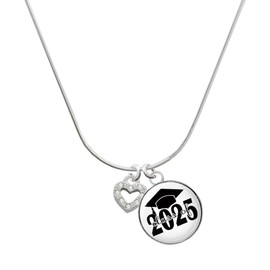 Delight Jewelry Silvertone Mini Clear Crystal Heart Script Class of 2025 Dome Charm Necklace, 18"