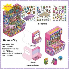 Game Theme 3D Miniature Scene 4 Sets of Stickers,DIY House Sticker Scene with Tweezers Make Your Own Cute Cartoon Sticky Pack for Adults Girls Relief Stress Pass The Time,Party Favors Birthday Gift